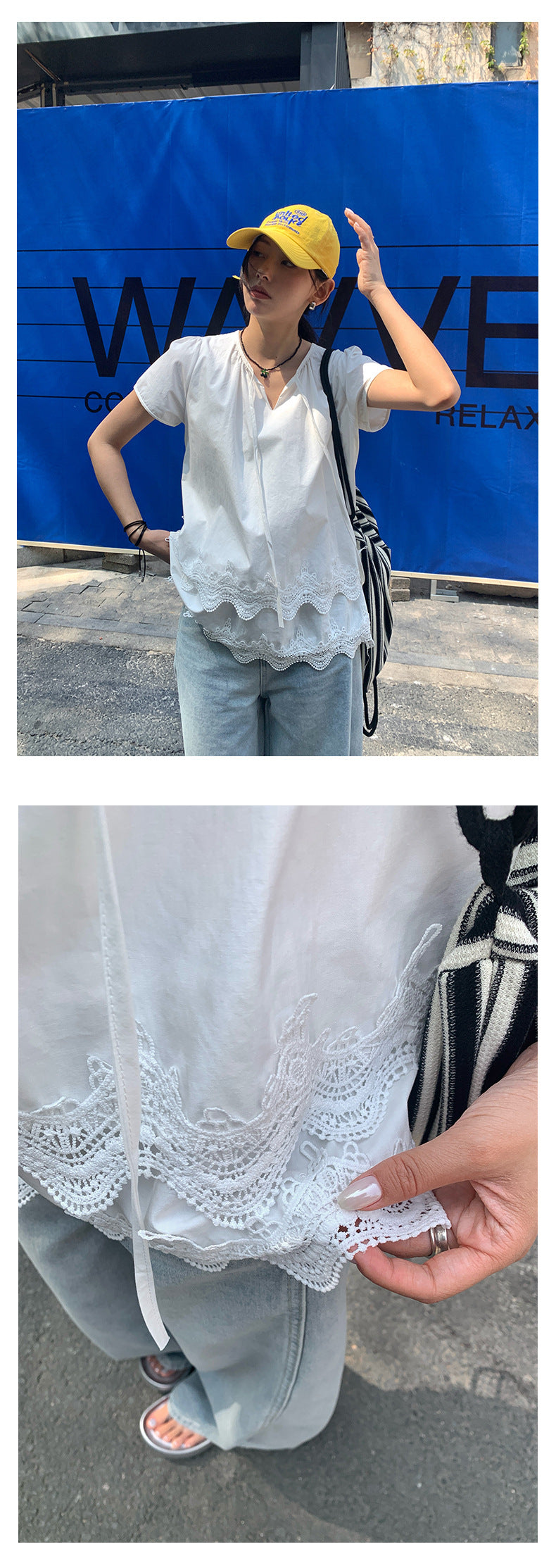 【H5152】實拍春夏清新氣質繫帶短袖蕾絲上衣250331