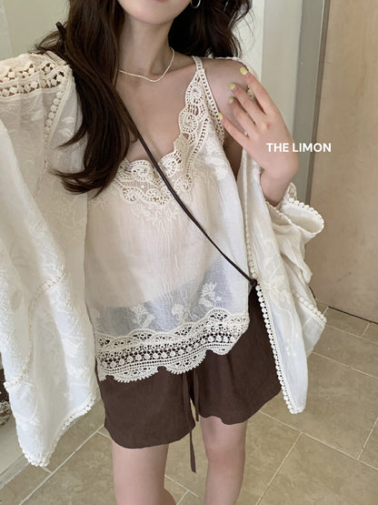 【L8661】實拍檸檬夏秋高級感刺繡防曬衫+吊帶背心套裝250915
