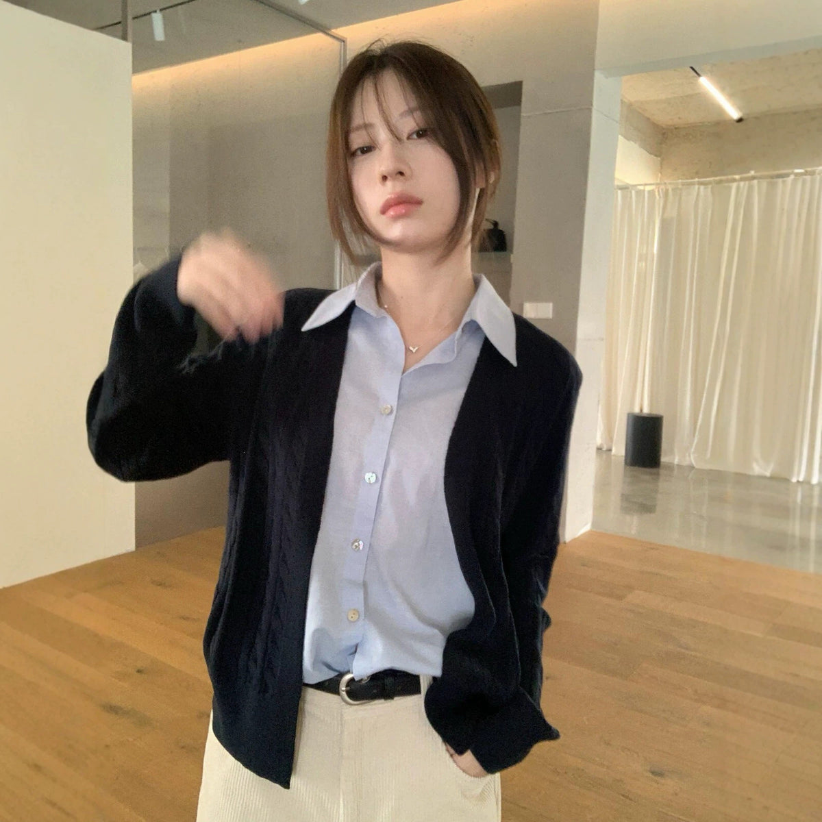 【LS01598】實拍IMISS都會簡約・假兩件翻領長袖針織衫261006