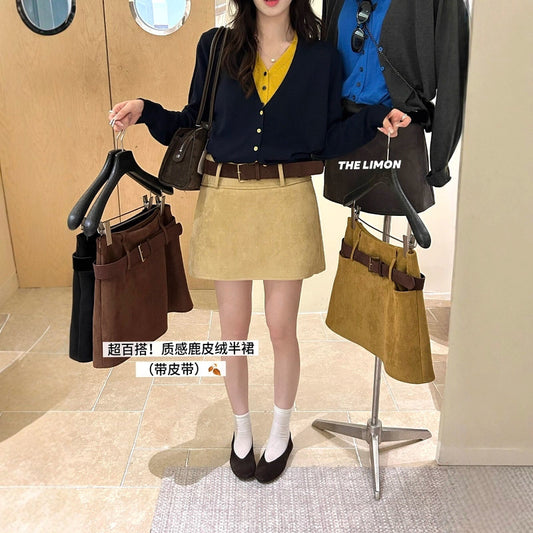 【L9238】實拍檸檬秋季質感鹿皮絨簡約復古短裙女＋腰帶250915