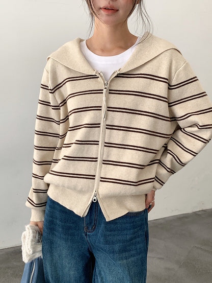 【LD11036】實拍雙頭拉鍊海軍領條紋針織開衫251202