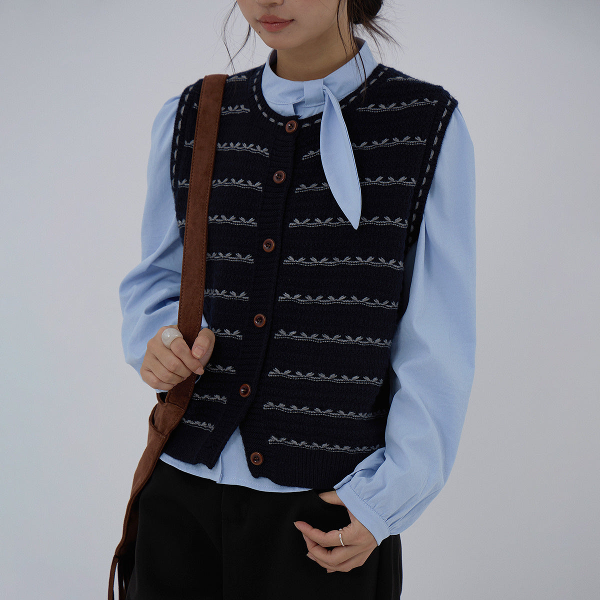 【LD3278】實拍小圓領長袖襯衫+條紋針織背心（分開下單）251103