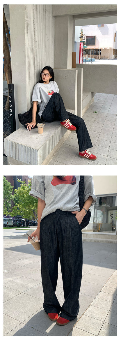 【H5284】實拍夏天韓系復古打摺黑色闊腿褲250603