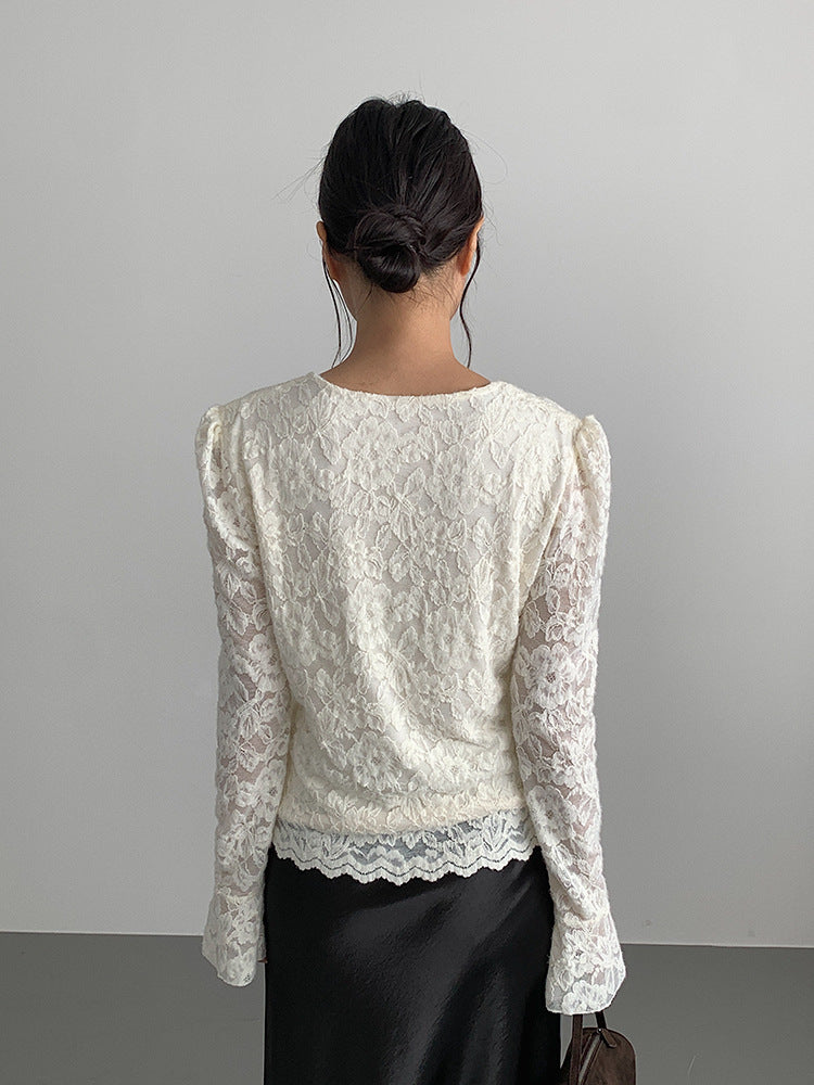 【LD3295】實拍法式喇叭袖加絨蕾絲衫251103