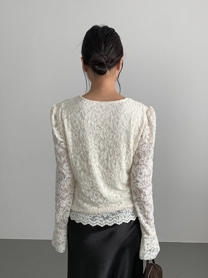 【LD3295】實拍法式喇叭袖加絨蕾絲衫251103