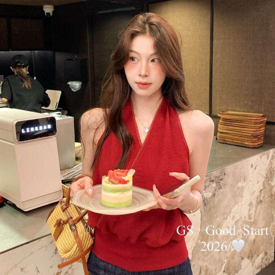 【LN5102E】Y2K時髦辣妹🔥性感蕾絲花邊交叉繞頸無袖上衣260518