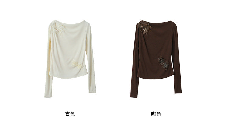 【LD3277】實拍立體花朵長袖一字領T恤251103