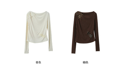 【LD3277】實拍立體花朵長袖一字領T恤251103