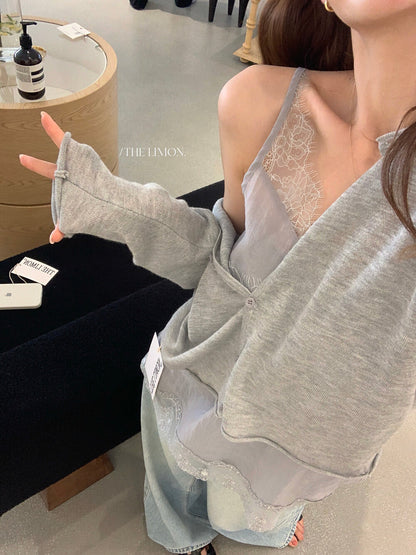 【L10381】法式純慾溫柔風🤍設計感蕾絲拼接花邊V領細肩帶內搭背心260428