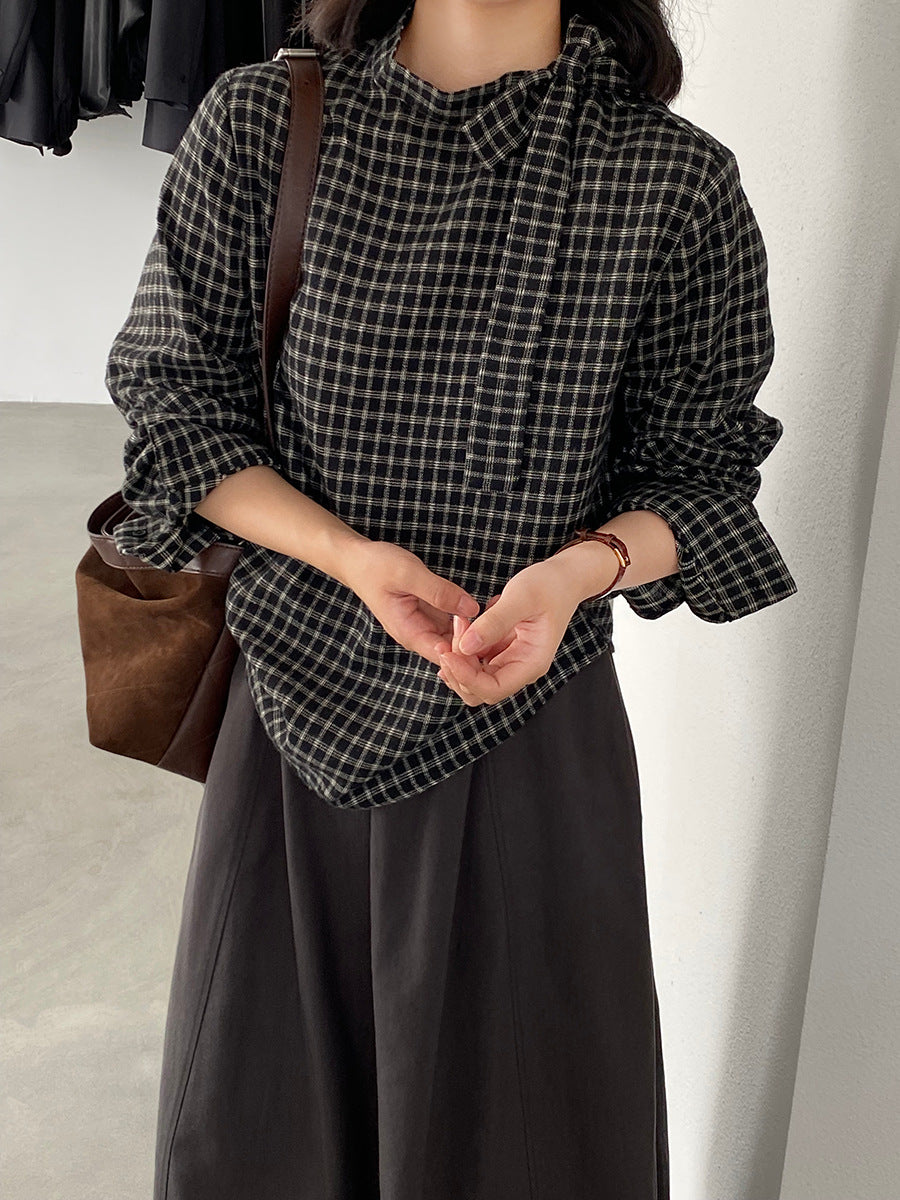 【cim1695】實拍法式磨毛領結氣質格子襯衫251030