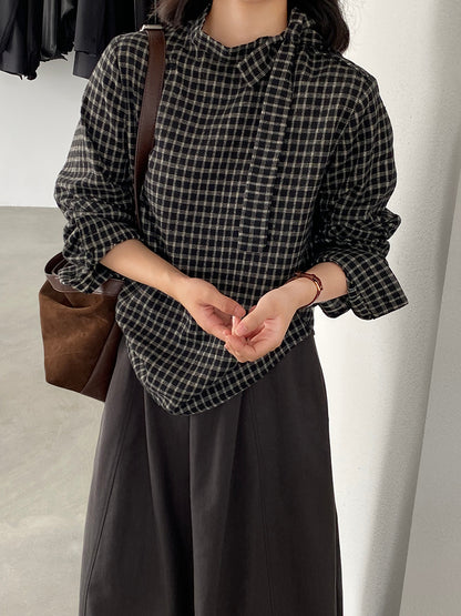 【cim1695】實拍法式磨毛領結氣質格子襯衫251030