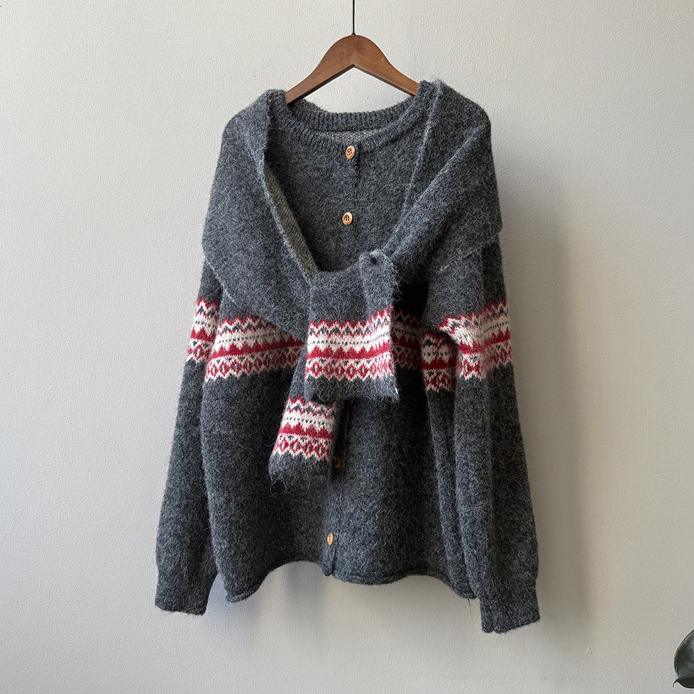 【YP6106】 實拍費爾島提花針織外套＋圍巾(含羊毛3%) 251023