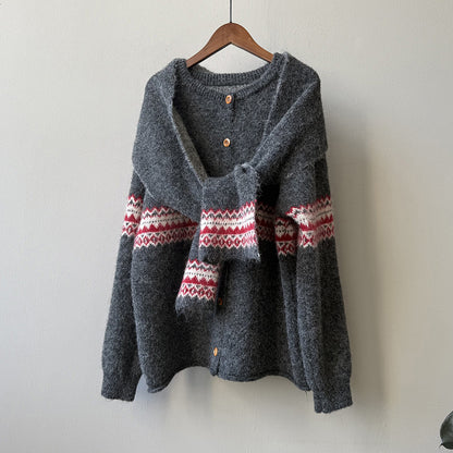 【YP6106】 實拍費爾島提花針織外套＋圍巾(含羊毛3%) 251023