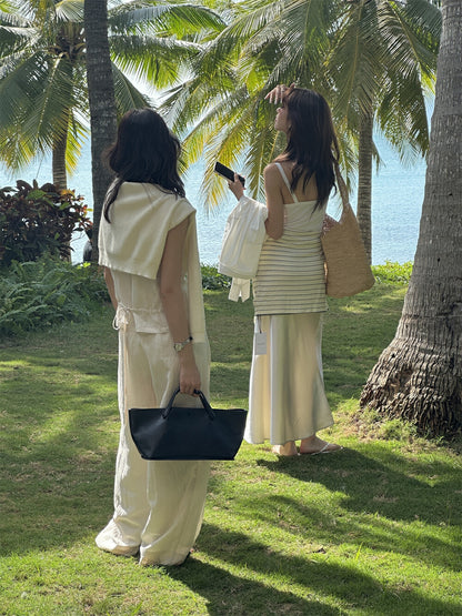 【L8213】實拍檸檬夏日老錢風亞麻背心+闊腿休閒褲 套裝250421