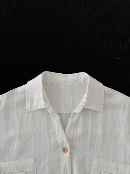 【cimz1919】極簡老錢風高級感☕設計感木釦萊賽爾天絲亞麻短袖襯衫260612