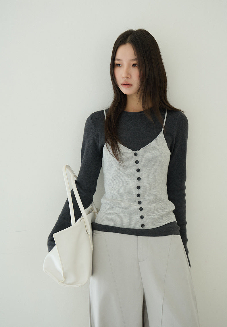 【LD11159】實拍修身顯瘦必備！假2件細肩帶背心+長袖針織衫260309