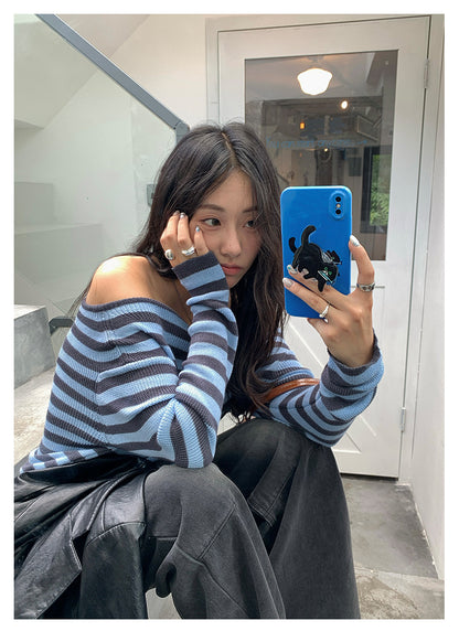 【H5399】實拍韓系簡約氣質一字領露肩針織衫250902