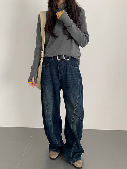 【LD11023】實拍S~XL顯瘦加絨加厚高腰寬鬆彎刀牛仔褲＋腰帶251124