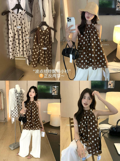 【L10709】韓系慵懶休閒風🍃正反兩穿天絲亞麻繞頸點點無袖上衣260602