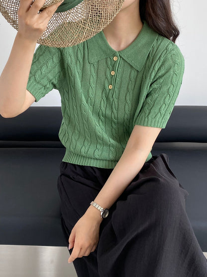 【cimzM8858】復古文青質感☕亞麻天絲麻花POLO領短袖針織衫260520