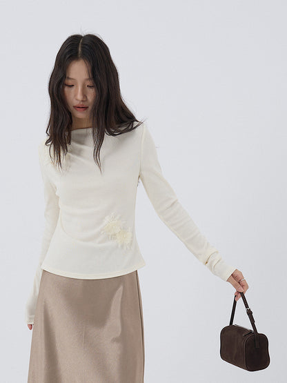 【LD3277】實拍立體花朵長袖一字領T恤251103