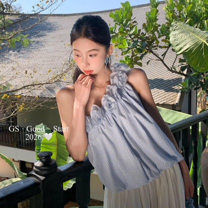 【LD0358W】法式溫柔仙女系🌸立體花朵條紋斜肩無袖上衣260323