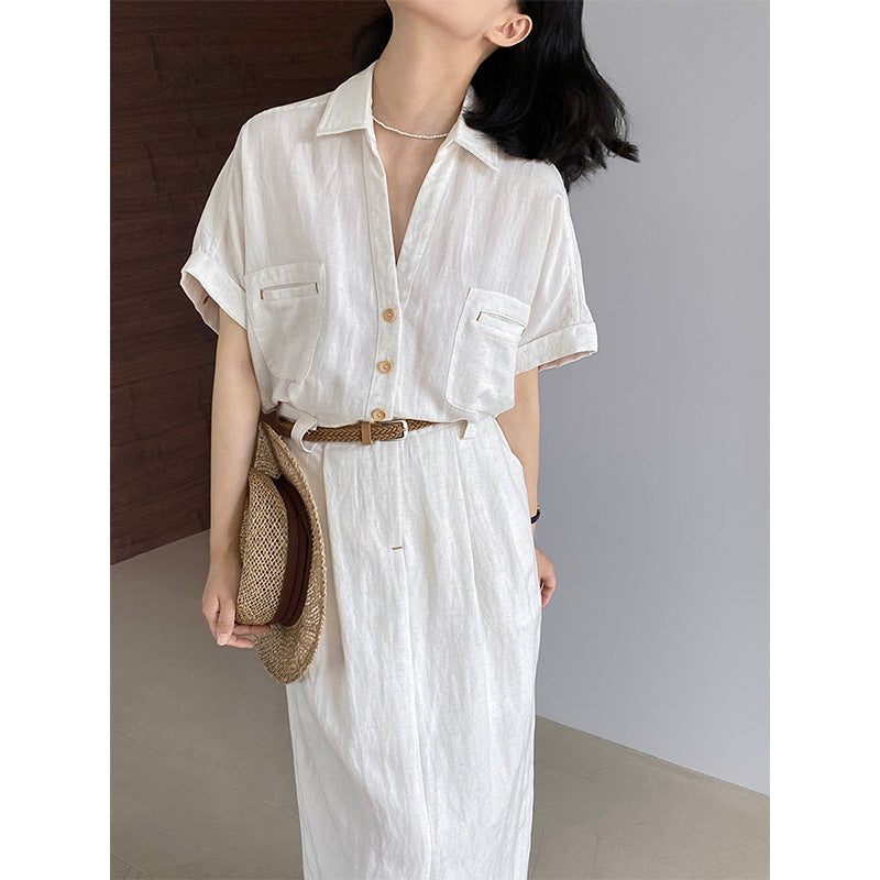 【cimz1606】實拍極簡老錢風☕高級感亞麻短袖洋裝 (附皮帶)260311