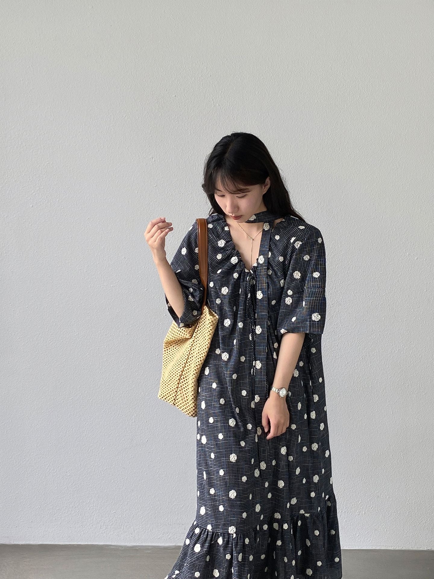 【cimz6579】法式復古慵懶☁️重工刺繡點點V領短袖連身長裙260625