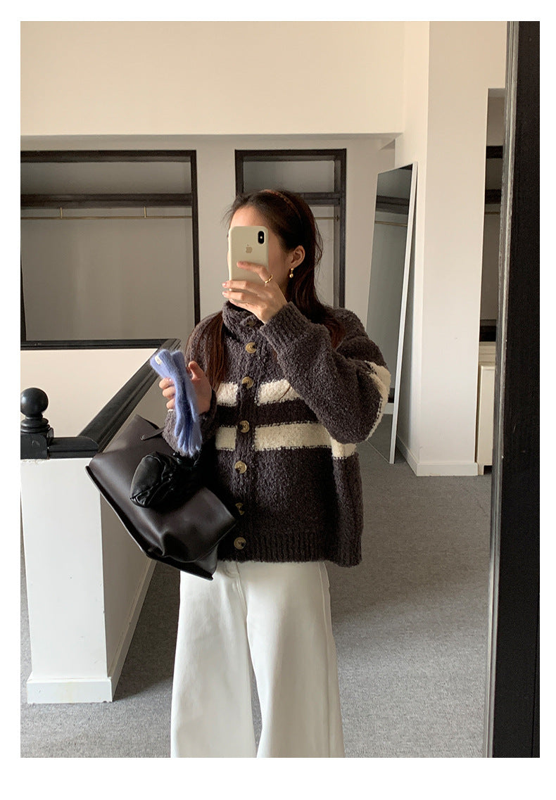 【H5511】實拍 懶懶撞色條紋開衫針織毛衣
251118