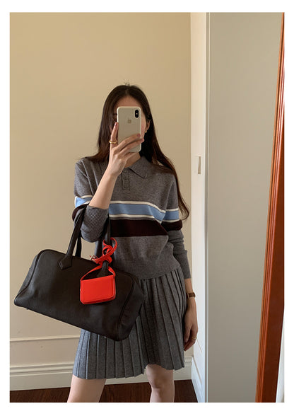 【H5518】實拍復古中性條紋針織衫＋針織百褶裙251125