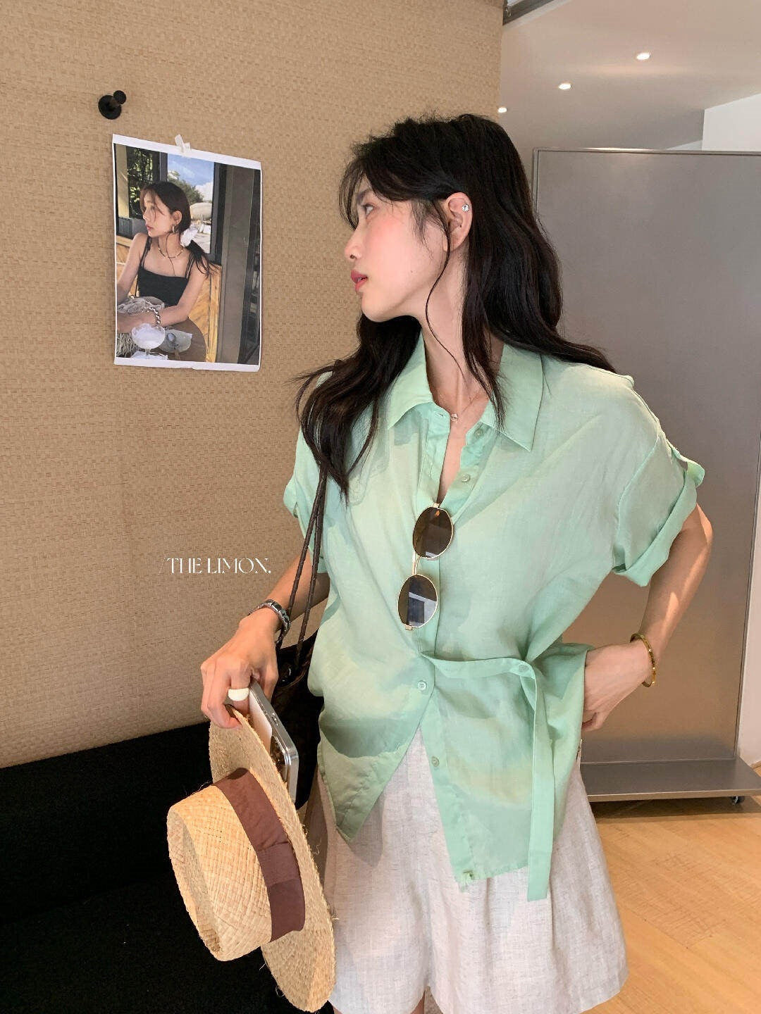 【L10623】韓系簡約通勤☕百搭顯瘦不規則綁帶翻領短袖襯衫260511