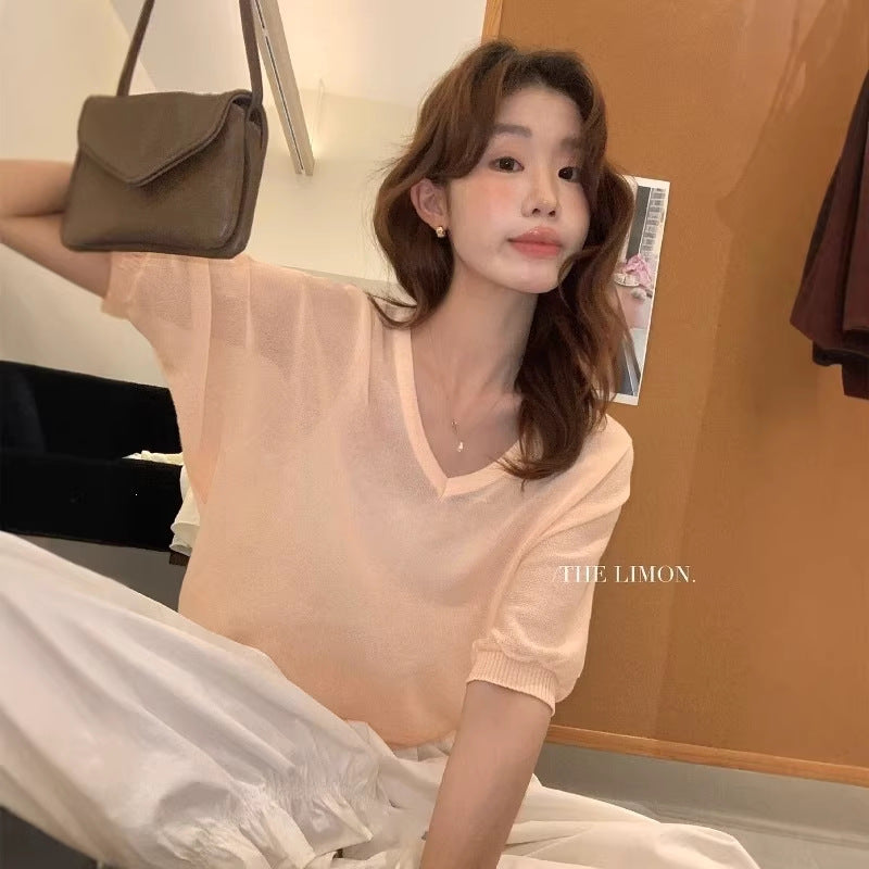 【LSC1097】實拍檸檬日系極簡慵懶風☕百搭寬鬆顯瘦V領套頭短袖針織衫260408