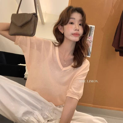 【LSC1097】實拍檸檬日系極簡慵懶風☕百搭寬鬆顯瘦V領套頭短袖針織衫260408