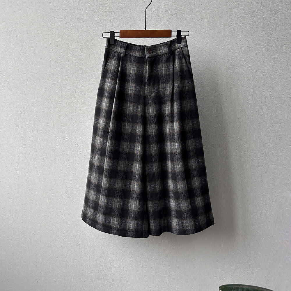 【YG8095】實拍日系復古呢料格紋直筒七分闊腿褲251016