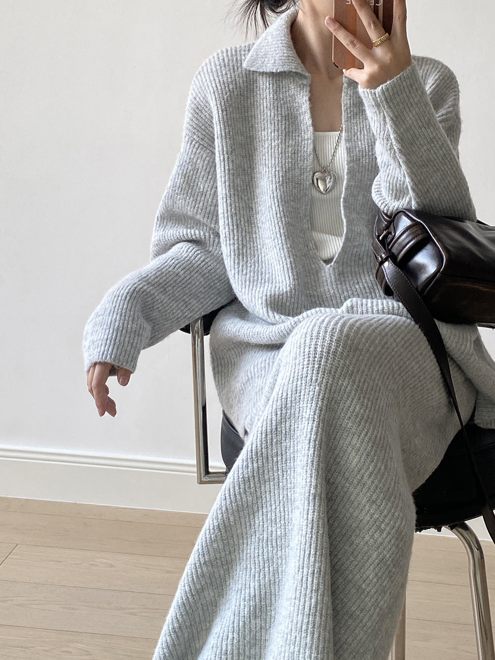 【YP680】 實拍深V慵懶毛衣＋針織長裙(含羊6%) 套裝251023