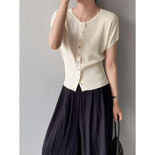 【cimz2728】知性老錢風☕質感貝殼釦收腰顯瘦純色短袖針織上衣260416