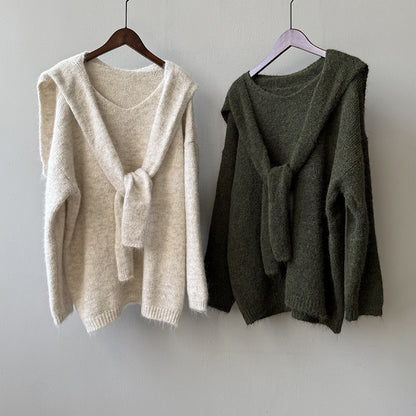 【Y25805】 實拍溫柔軟糯V領毛衣+針織披肩(含羊毛3％）251023