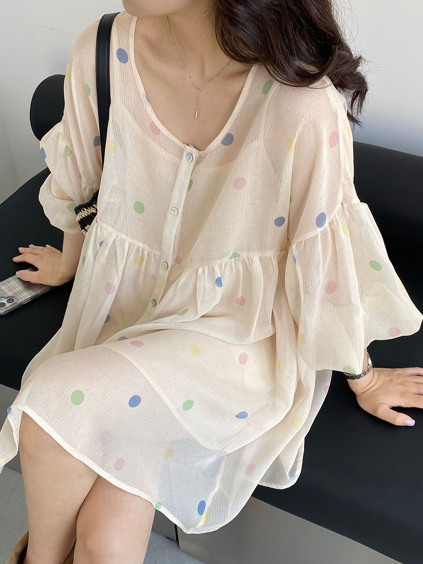 【cimz6551】法式復古女伶🦋波點彩虹燈籠連身洋裝+寬鬆A字裙套裝260514
