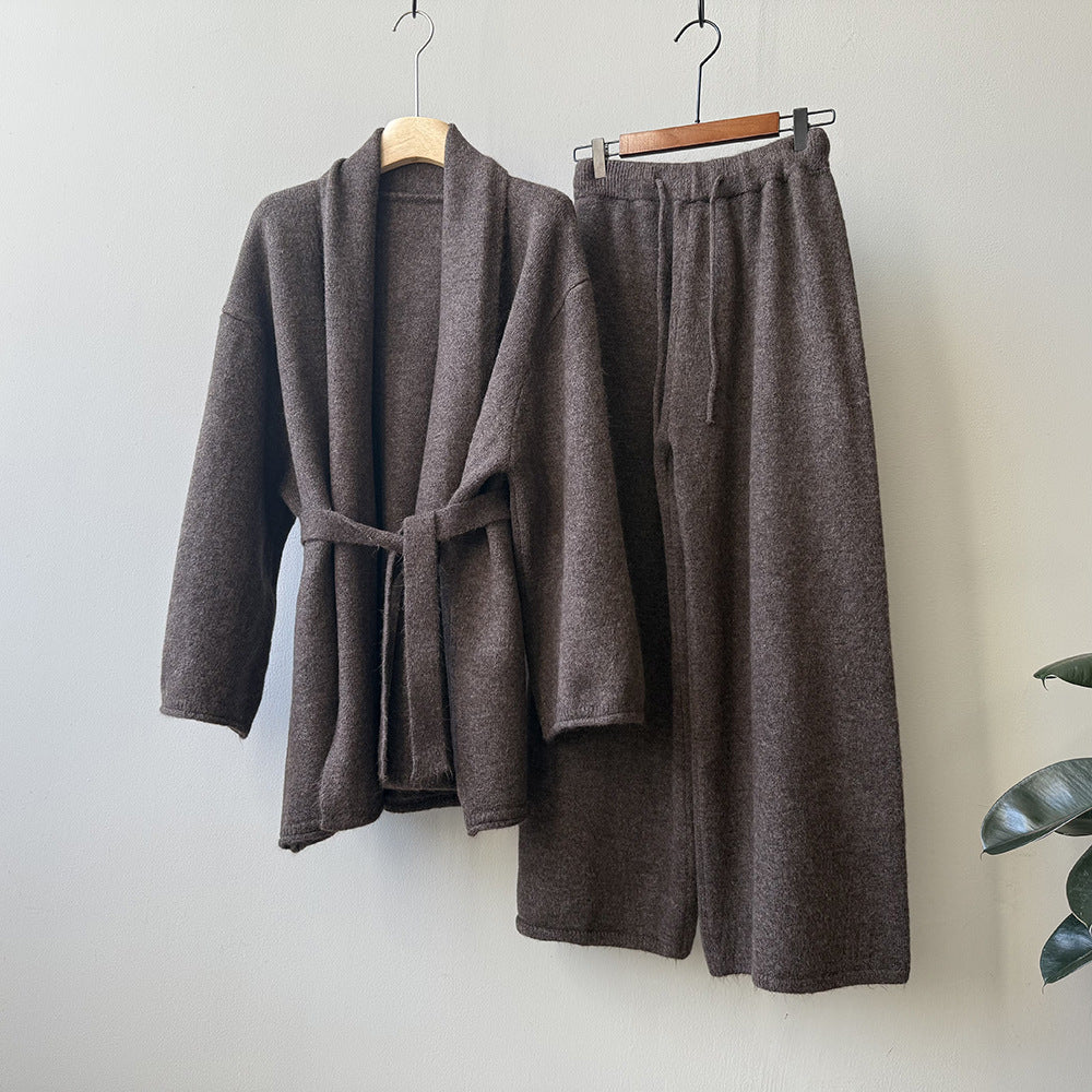 【YP1018】 實拍秋冬高級感慵懶針織開衫＋繫帶＋高腰針織闊腿褲 套裝251023