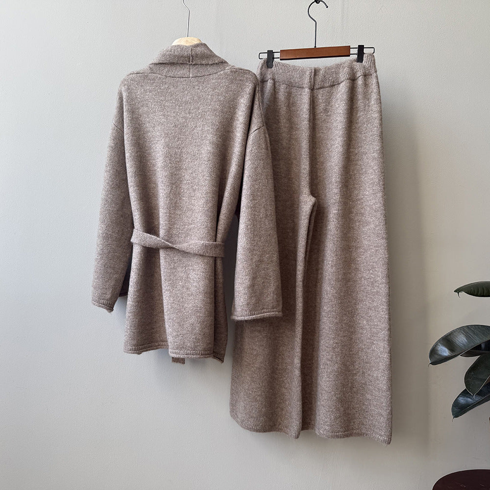 【YP1018】 實拍秋冬高級感慵懶針織開衫＋繫帶＋高腰針織闊腿褲 套裝251023