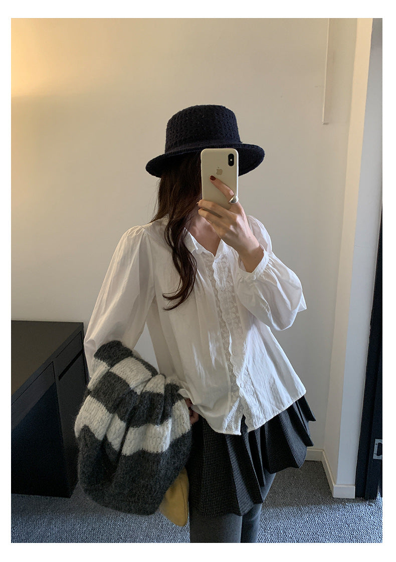 【H5488】實拍法式温柔蕾絲長袖襯衫251109