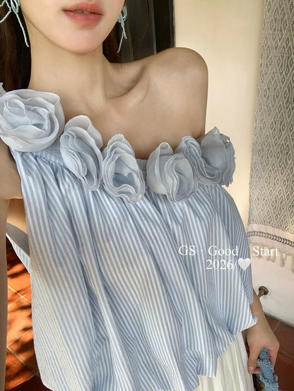【LD0358W】法式溫柔仙女系🌸立體花朵條紋斜肩無袖上衣260323