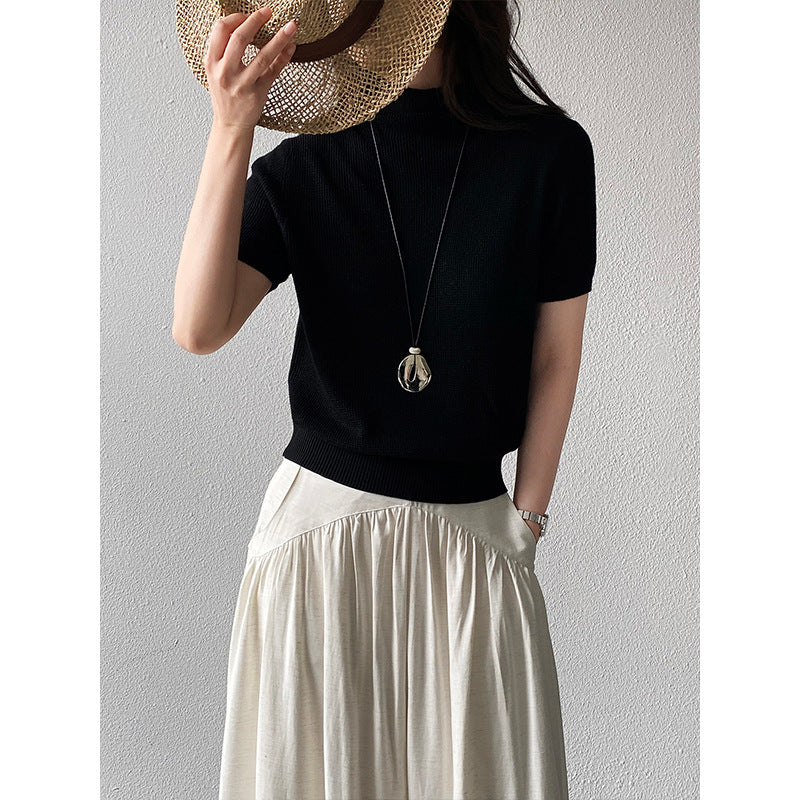 【cimz0663】實拍四季隨意搭☁️韓系半高領顯瘦短袖針織T恤/上衣260409