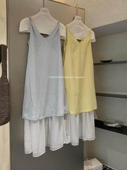 【L7003】Y.JIA韓系簡約休閒風✨百搭寬鬆顯瘦假兩件V領無袖連身洋裝260602
