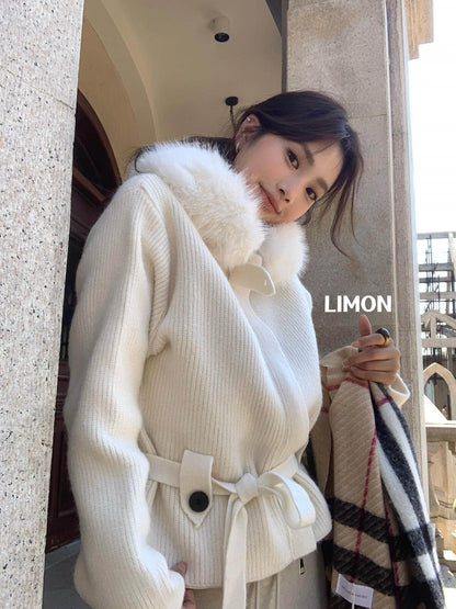 【LNM8650】檸檬家韓系慵懶・坑條縮腰連帽毛衣外套（附腰繩毛領）261027