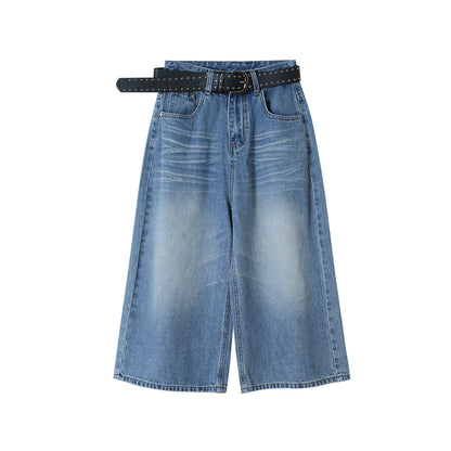 【LD11179】實拍S~XL美式復古時髦✨水洗藍刷破貓鬚寬鬆九分牛仔寬褲260317