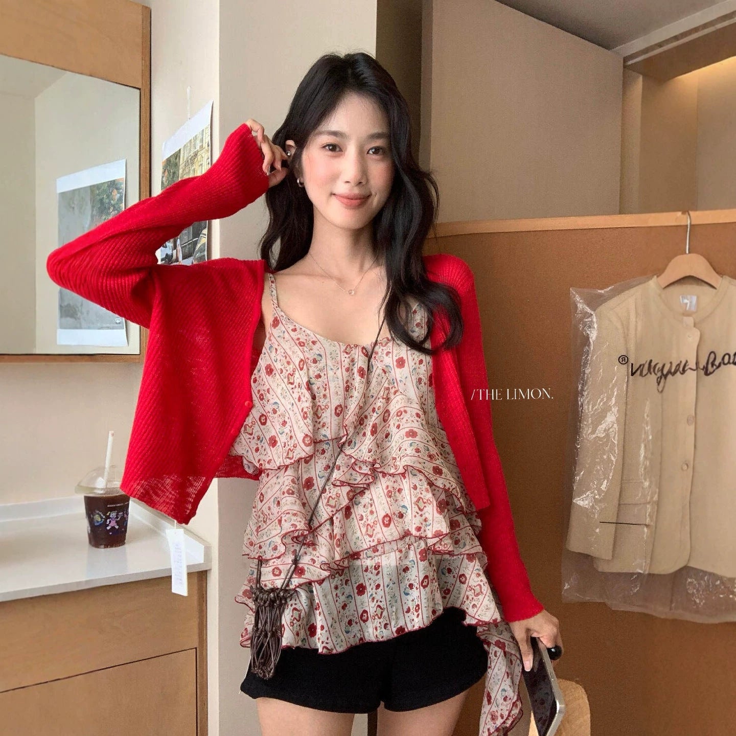 【L10658】復古甜美少女感🎀浪漫碎花飄帶荷葉邊無袖細肩帶背心上衣260518