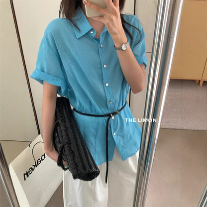 【L8757】實拍檸檬家極簡氣質棉麻長版上衣｜綁帶顯腰襯衫250519