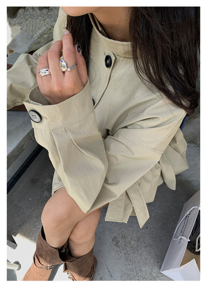 【H5400】實拍韓系慵懶卡其立領收腰風衣外套250902