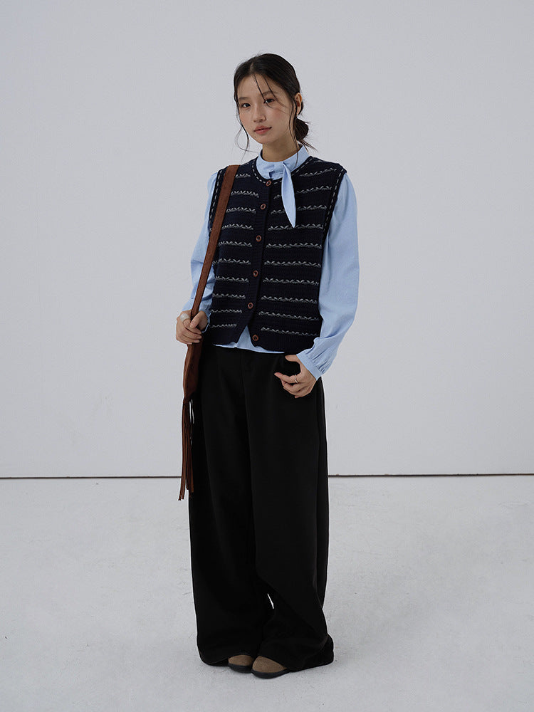 【LD3278】實拍小圓領長袖襯衫+條紋針織背心（分開下單）251103